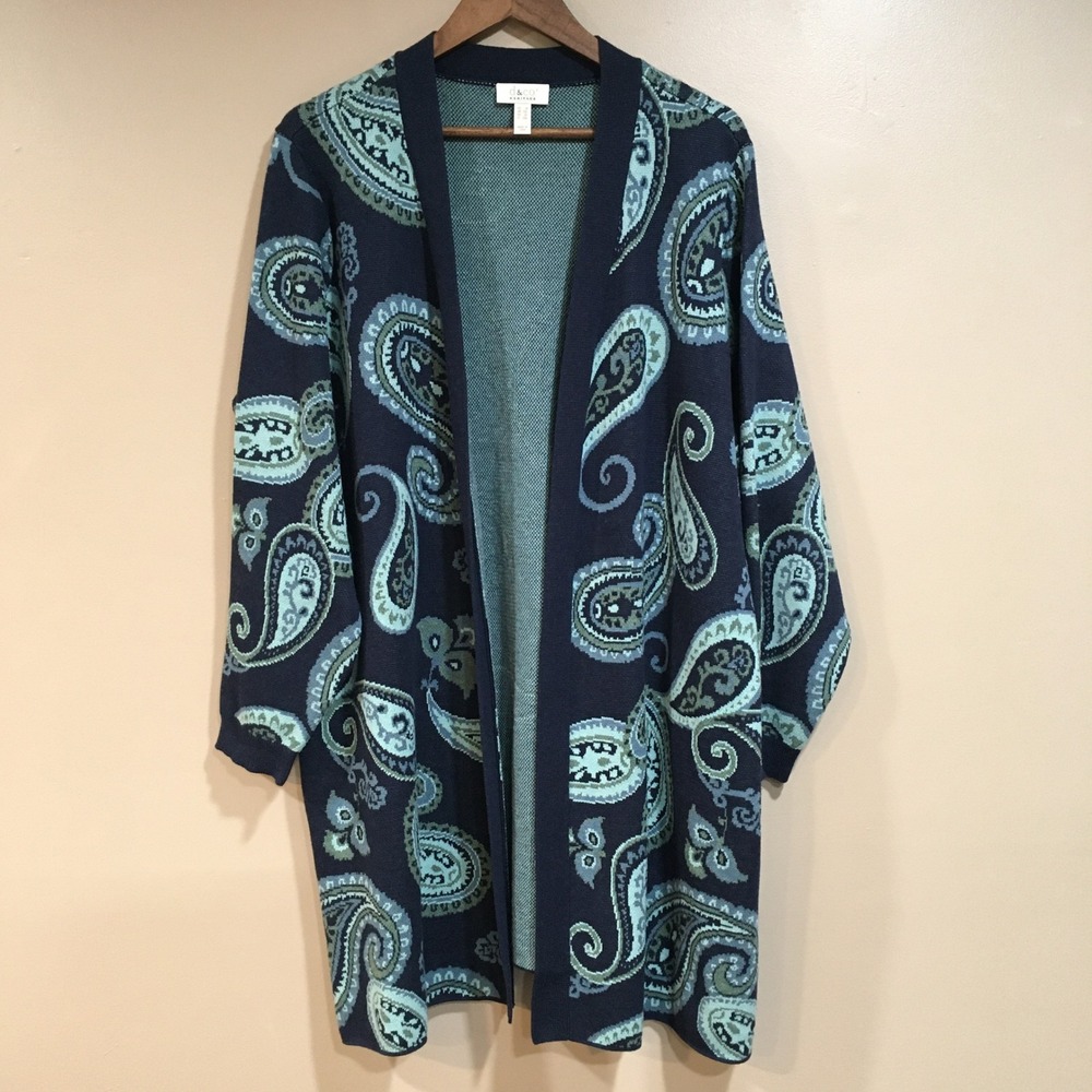 D&Co Heritage Paisley Long Cardigan Sweater Womens 1X Blue Boho Coastal Cozy